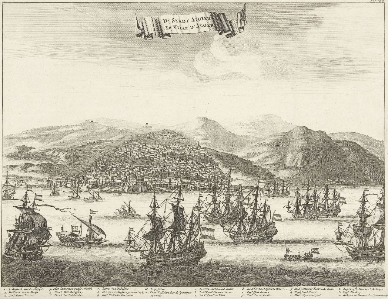 Seventeenth-century etching of the city of Algiers rising on a hillside above the harbour, with Dutch warships at anchor in the foreground.