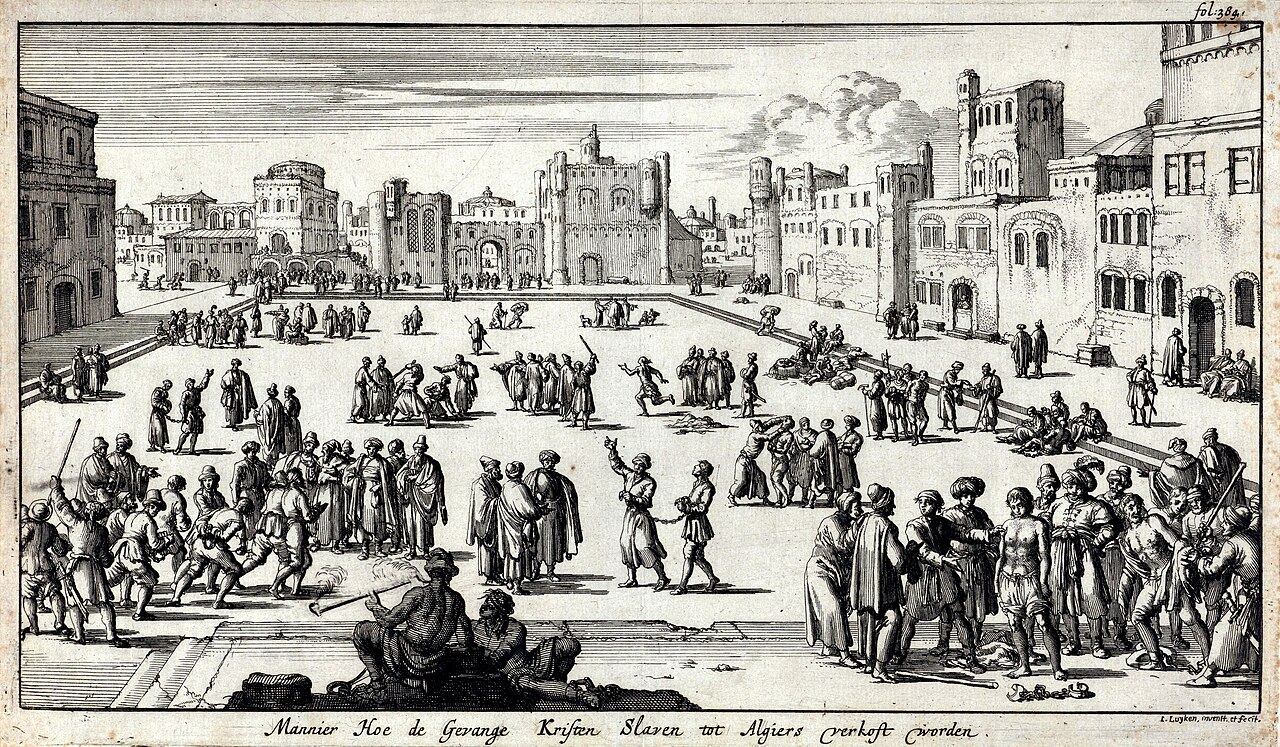 Engraving of a large square in Algiers where Christian captives are inspected and sold; groups of buyers, guards and captives fill the foreground.
